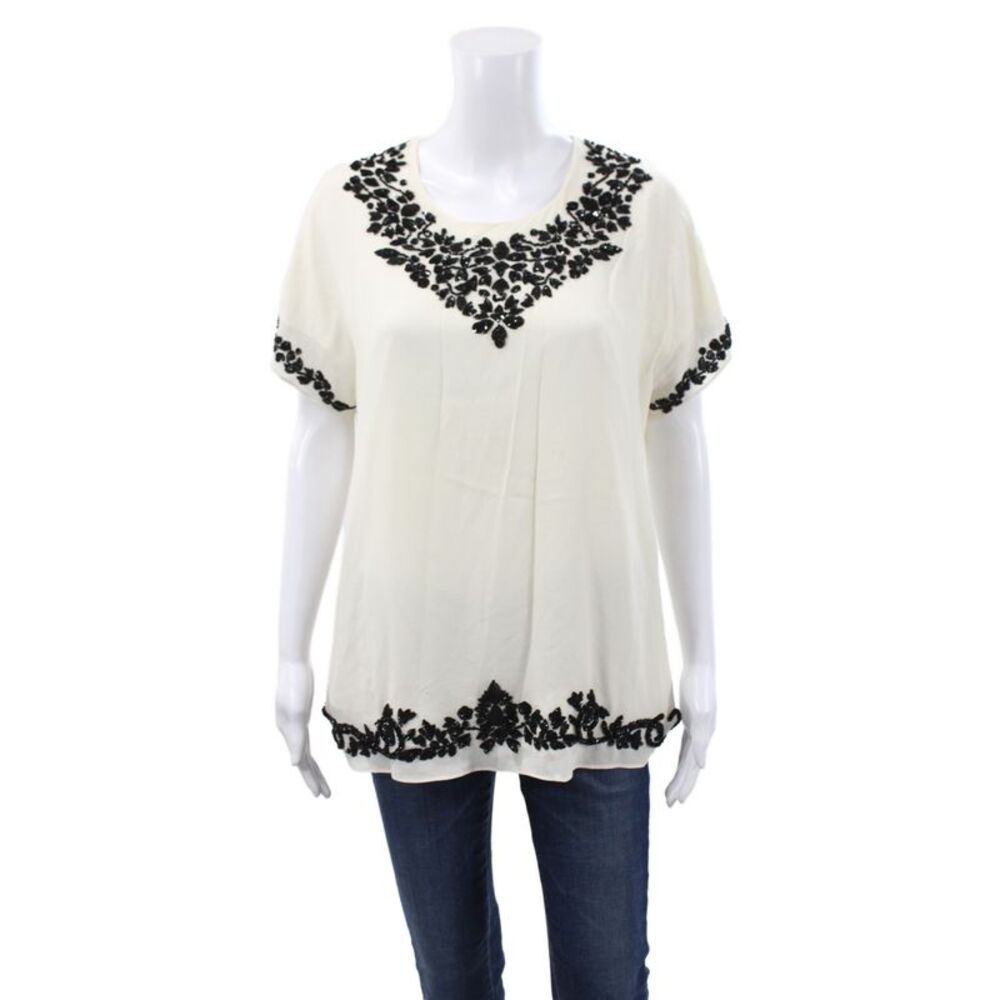 Neiman Marcus Women Ivory Silk Tunic Blouse Round Neck Sleeveless Size M